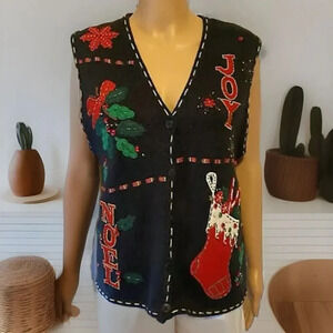 Ugly Christmas Sweater Cardigan Lady Sz M Embroidered Vest RamieCotton Navy Knit